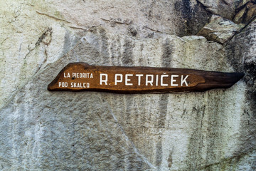 Sign of Petricek refuge in mountains near Cerro Catedral mountain, Argentina