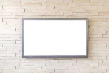 TV display on modern brick wall background with white screen