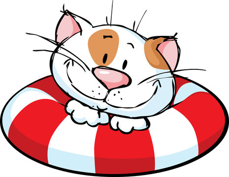funny cat cartoon on lifebuoy - vector illustration