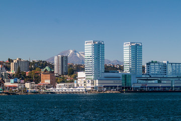 Fototapeta na wymiar Skyline of Puerto Montt city with Calbuco volcano in the background, Chile