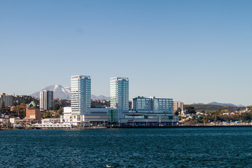 Fototapeta na wymiar PUERTO MONTT, CHILE - MAR 23: Skyline of Puerto Montt city with Calbuco volcano in the background, Chile