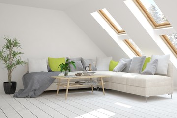 White modern room with sofa. Scandinavian interior design. 3D illustration