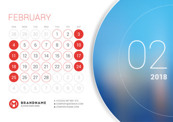 Fototapeta premium February 2018. Desk Calendar for 2018 Year. Vector Design Print Template with Place for Photo. Week Starts on Sunday