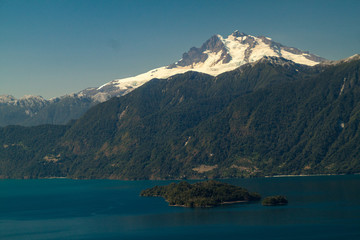 Fototapeta na wymiar Lago Todos los Santos (Lake of all the Saints) with Monte Tronador volcano in background, Chile
