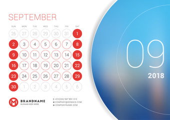 September 2018. Desk Calendar for 2018 Year. Vector Design Print Template with Place for Photo. Week Starts on Sunday