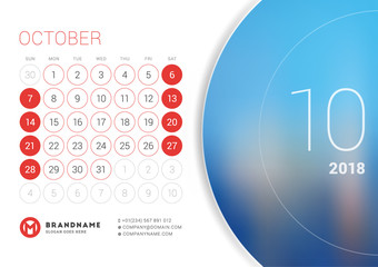 Fototapeta premium October 2018. Desk Calendar for 2018 Year. Vector Design Print Template with Place for Photo. Week Starts on Sunday