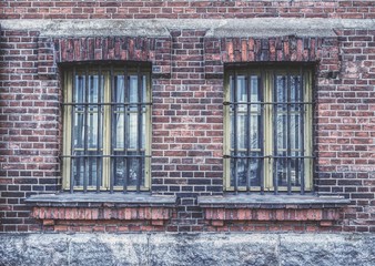 Fototapeta na wymiar Windows and red brick wall, Finnish style, Helsinki, Finland