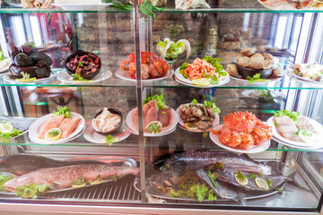 Fresh fish and seafood on Mercado Central market in the center of Santiago, Chile