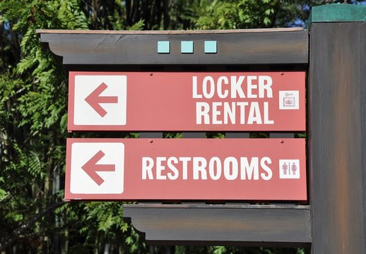 Locker rental and restroom signs