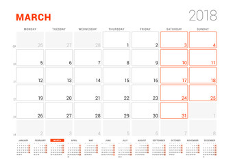 Calendar Template for 2018 Year. March. Business Planner with Year Calendar. Stationery Design. Week starts on Monday. Vector Illustration