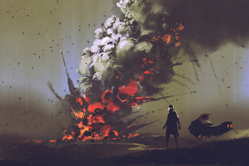 Obraz premium sci-fi scene of the man with his vehicle looking at bomb explosion on the ground, illustration painting