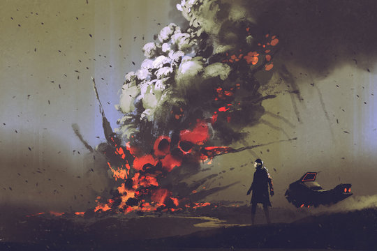 sci-fi scene of the man with his vehicle looking at bomb explosion on the ground, illustration painting