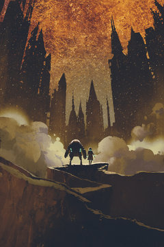 the girl and robot standing on rock path looking at dark castles and burning sky on background with digital art style, illustration painting