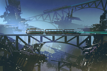  scene of futuristic train on railway and bridge in abandoned city with digital art style, illustration painting