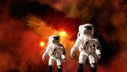Astronaut kid child planet Mars spaceman suit outer space family father galaxy universe explosion. Elements of this image furnished by NASA. - 149812396