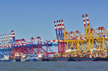Port facilities with freight ships and cranes