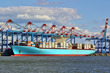 Port facilities with freight ship and cranes