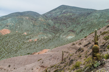 Fototapeta na wymiar Colorful rock formations near Purmamarca village (Quebrada de Humahuaca valley), Argentina