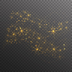 Gold glitter sparkles wave isolated on transparent background. Vector golden dust texture. Twinkling confetti, shimmering star lights.