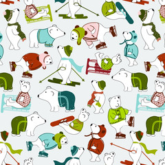 Christmas, holiday, winter bear seamless pattern. Repeating pattern for gift wrap, backgrounds, textiles, apparel, cards, gift tags, bags, scrapbooking and more. Whimsical vector illustration. 