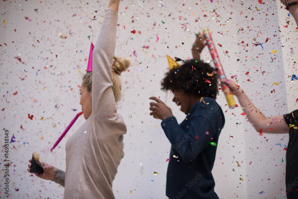 Poster confetti party multiethnic group of people