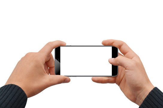 Isolated male hands holding modern phone in horizontal position