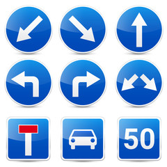 Road signs collection isolated on white background. Road traffic control.Lane usage.Stop and yield. Regulatory signs. Curves and turns.