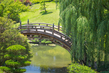 Fototapety  Piękny ogród japoński ze stawem i mostem.