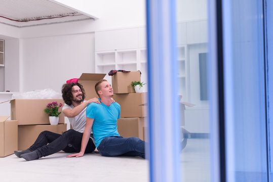 young  gay couple moving  in new house