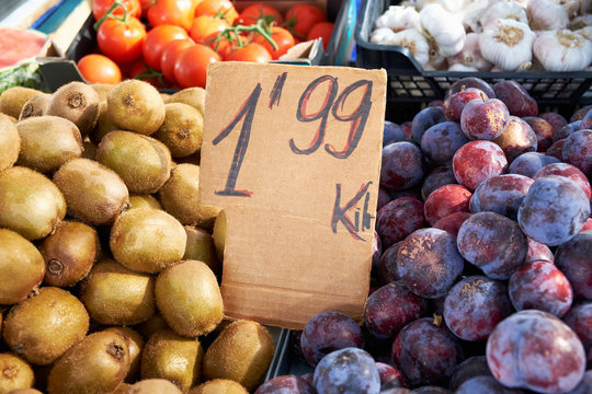 Various vegetables and fruits on the Sunday market in Spain, Mercadillo de Campo de Guardamar.