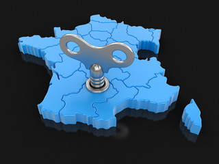 Map of France with winding key. Image with clipping path.