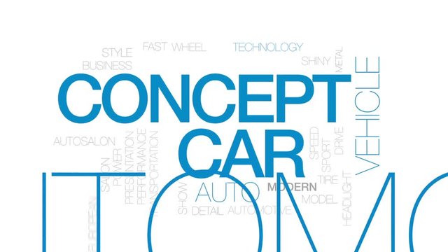 Concept car animated word cloud, text design animation. Kinetic typography.