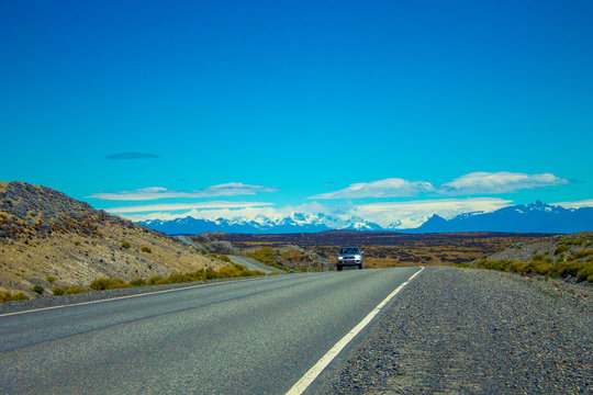 Road trip photography with moving car, Patagonia Argentina, South America.