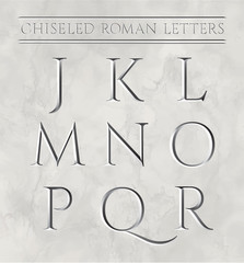 Roman letters chiseled in marble stone. Vector illustration. Letters j, k, l, m, n, o, p, q, r.