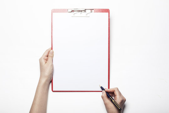 Woman Hand Hold A Clipboard Isolated White.