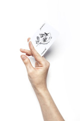 woman hand hold a card isolated white.