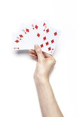 woman hand hold a card isolated white.