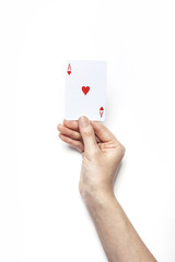 woman hand hold a card isolated white.