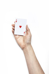 woman hand hold a card isolated white.