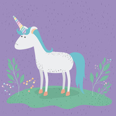 purple background with unicorn in grass vector illustration