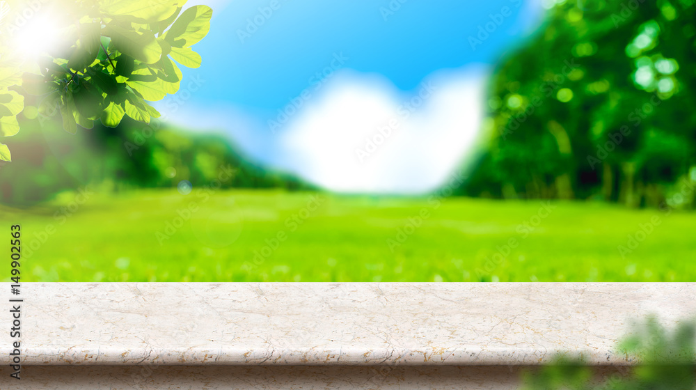 Poster Empty white marble table top with blur navy blue ocean with speed boat and bokeh light,Mock up for display or montage of product,Banner or header for advertise on social media,Summer background