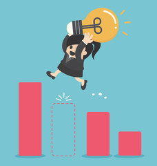 Obraz premium Business woman holding light bulb Jump Through The Gap In Growth Chart