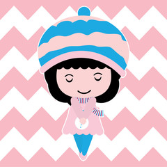 Cute girl is sleeping on chevron background vector cartoon, Xmas postcard, wallpaper, and greeting card, T-shirt design for kids