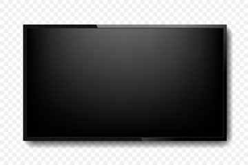 Realistic TV screen. Modern stylish lcd panel, led type. Large computer monitor display mockup. Blank television template. Graphic design element for catalog, web site, as mock up. Vector illustration - obrazy, fototapety, plakaty
