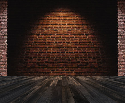 Interior space, bricks wall with hardwood floor