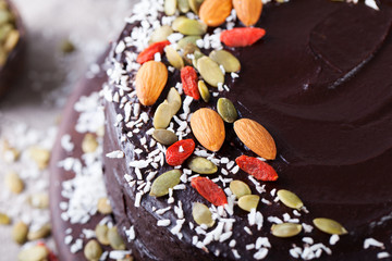 Vegan chocolate beet cake. Top view. Copy space.