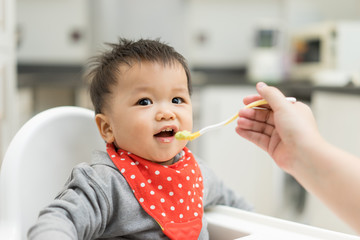 Asian baby boy eating blend food on a high chair - obrazy, fototapety, plakaty