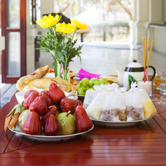Traditional, ceremonial Asian food on the table.
