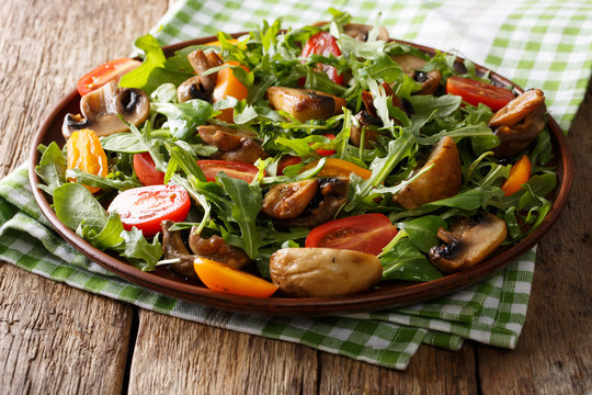 Fresh salad with fried mushrooms, rucola and tomatoes close-up. horizontal