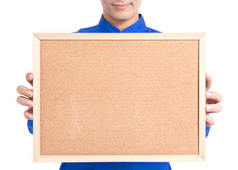 Mechanic man holding sign board with smiling,isolated on white background.